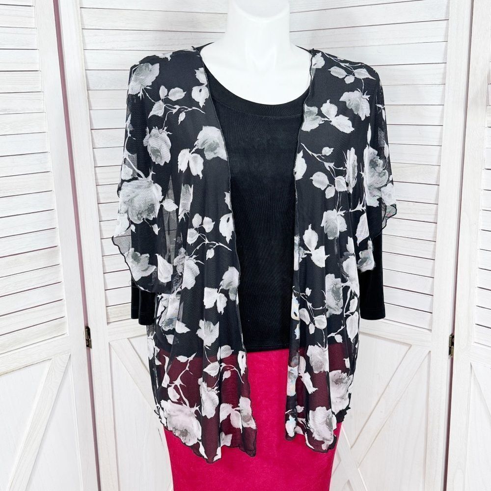 Inner Beauty Floral Sheer‎ Mesh Kimono Topper Open Front Black White XL